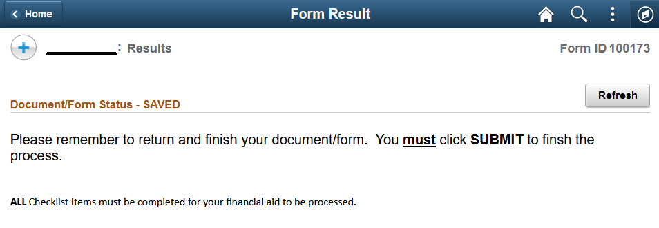 Screenshot of form submission result