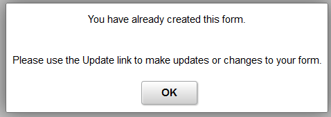 Screenshot of form already created error