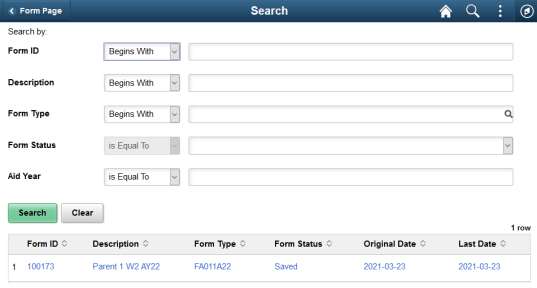 Screenshot of form search interface