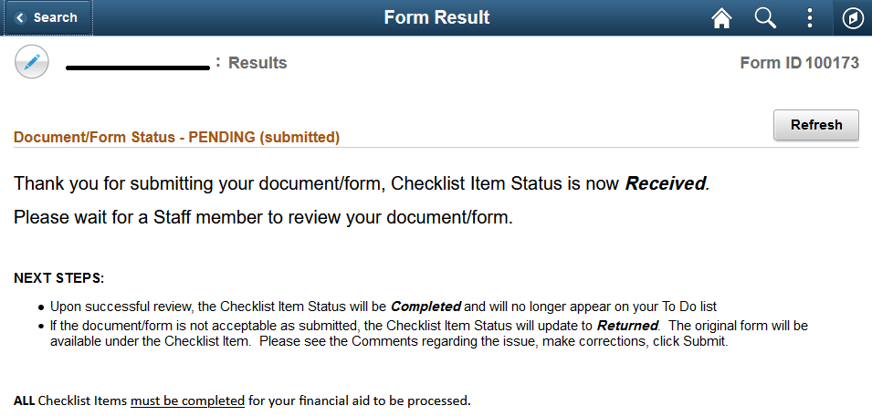 Screenshot of the form result page with line on the top left indicating where the name of the form will be located
