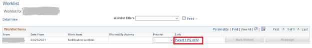 Screenshot of Worklist with previously submitted form highlighted